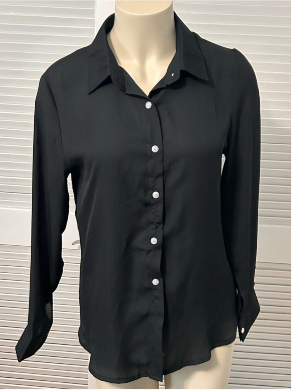 NWT OMSJ Black Sheer Button Down Shirt Size S Long Sleeve Stretch